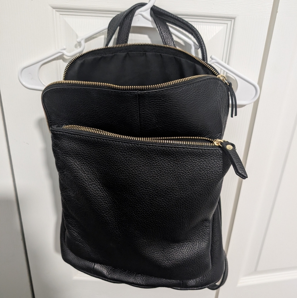 Soft Leather Black Backpack with Gold Accents